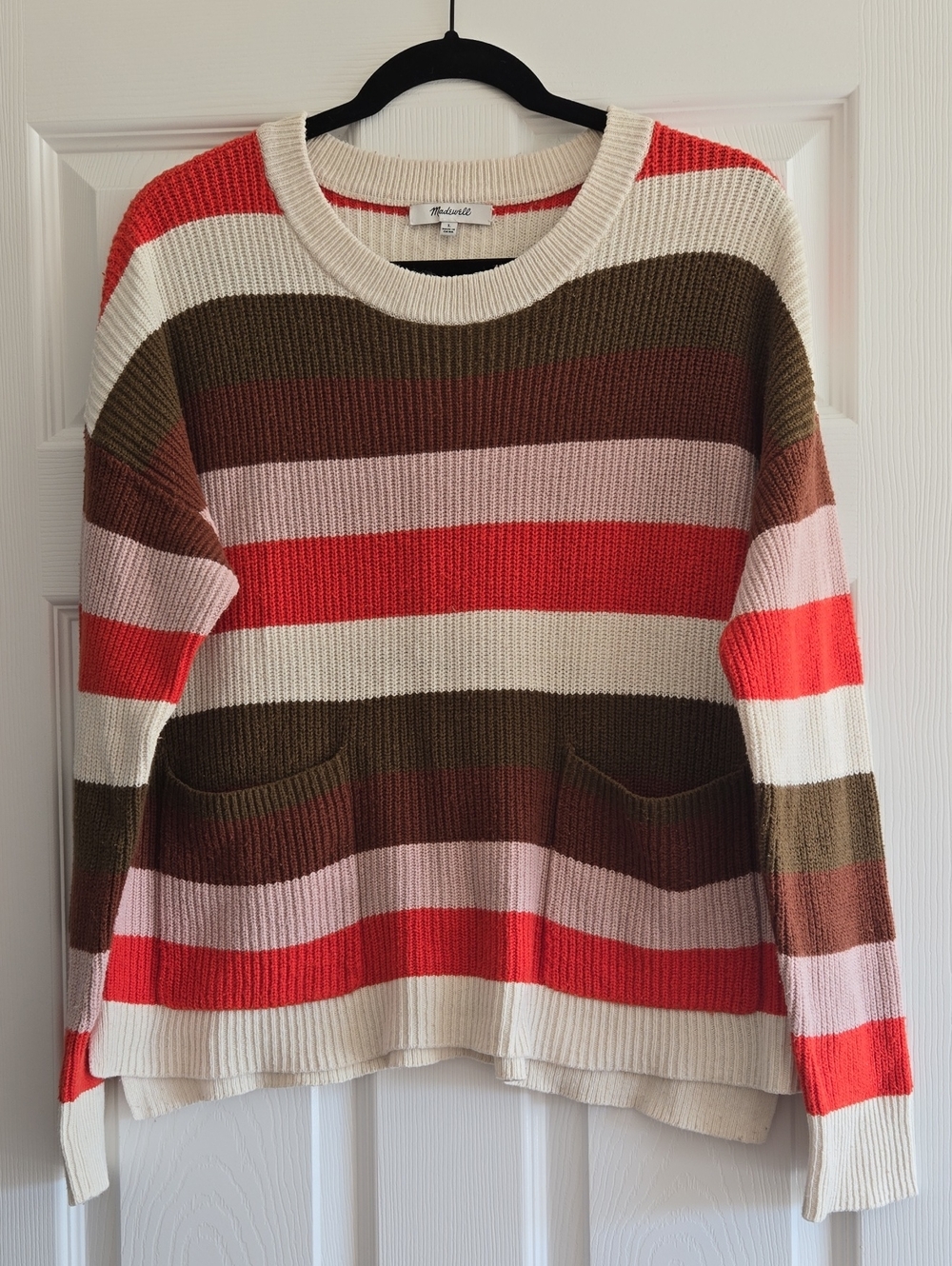 Madewell Patch Pocket Pullover Sweater Striped Ribbed Fall Colors Size Large